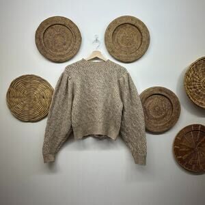 MGM Mango Beige Tan Puff Sleeve Neutral Chunky Knit Pullover Sweater Medium